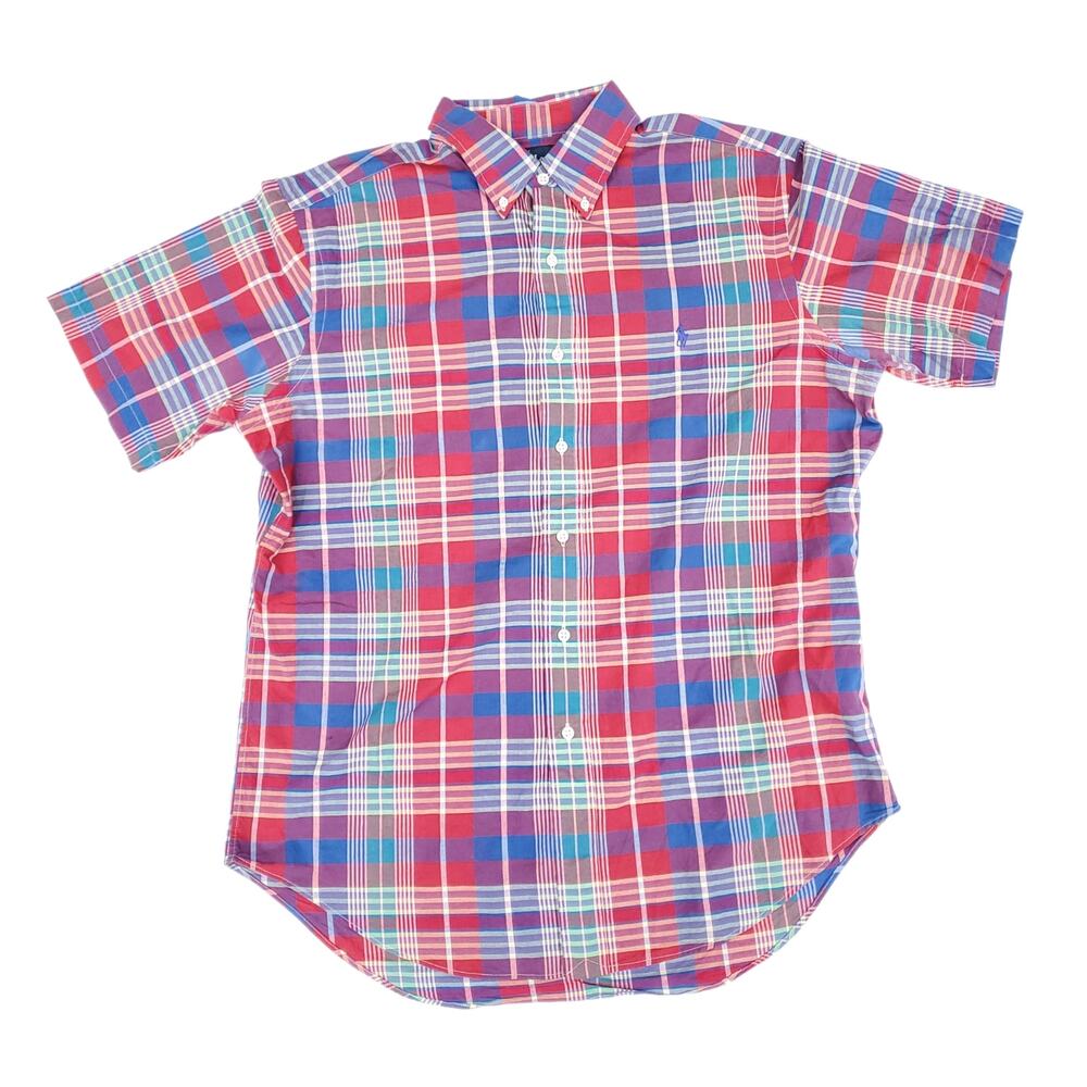 Ralph Lauren Button Down Shirt Short Sleeve Pony Plaid Red Blue Classic Sz L